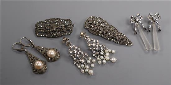 Two pairs of paste set earrings, one marcasite pair of earrings, a marcasite brooch and similar clip brooch.
